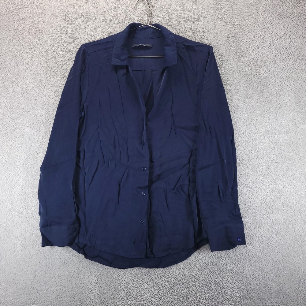 Quince Shirt Womens XL Blue Washable Stretch Silk Notch Collar Blouse Office